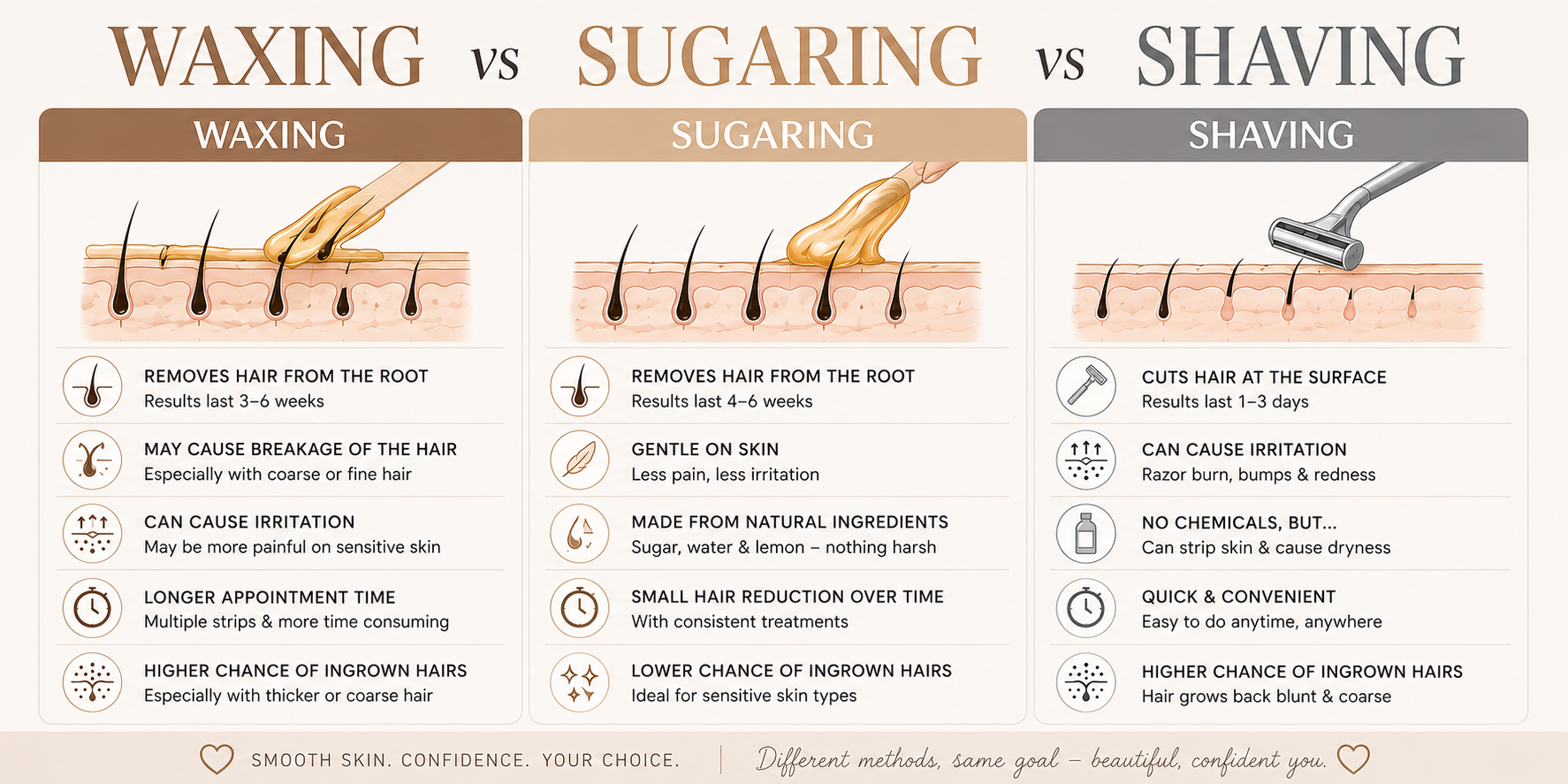 Comparison chart: waxing vs sugaring vs shaving